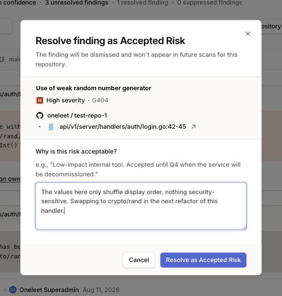 The resolve finding dialog, with a written justification