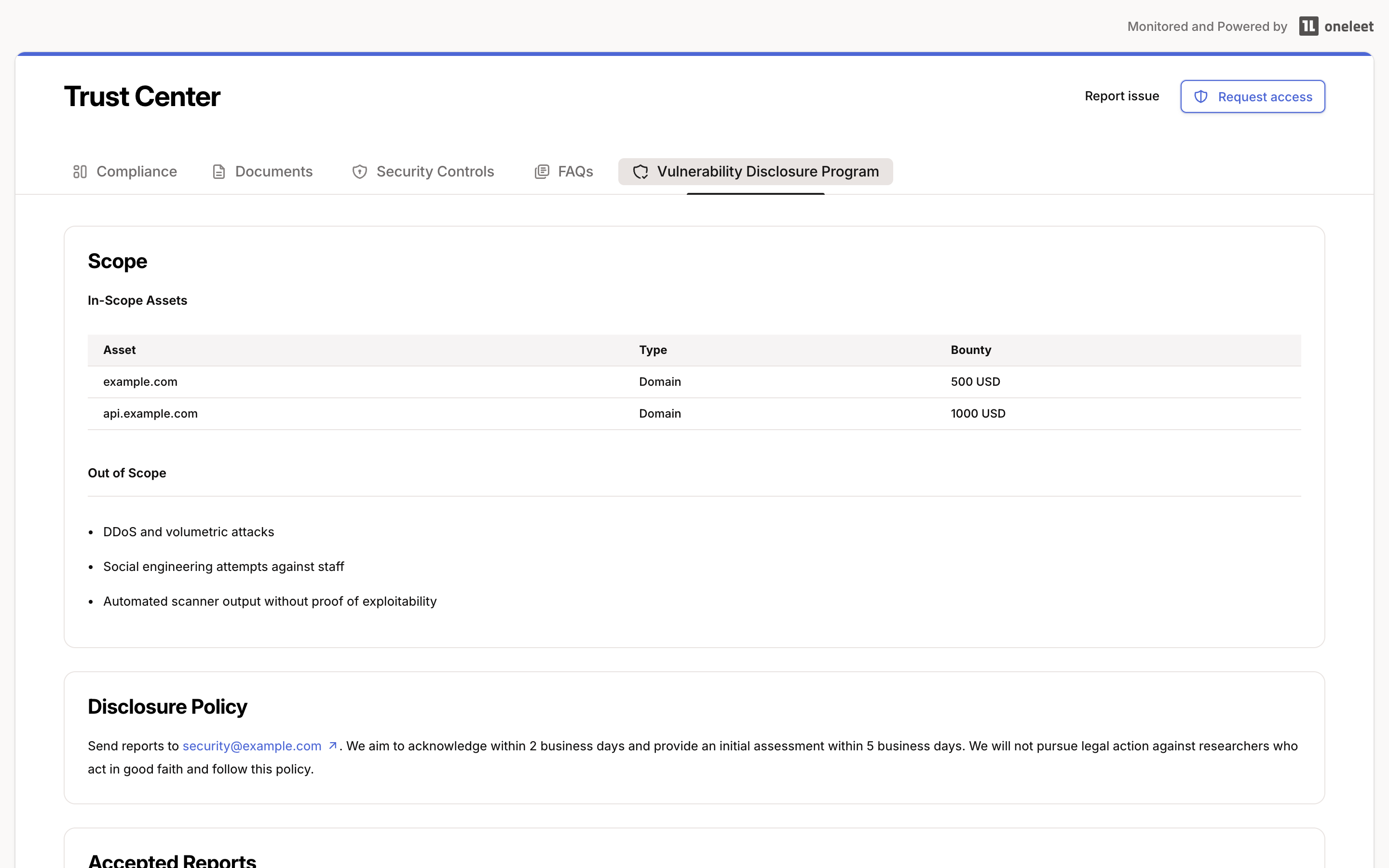 Rendered VDP tab on the public trust center